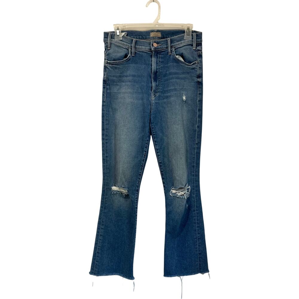 MOTHER Distressed Dark Blue Cropped Flare Jeans
